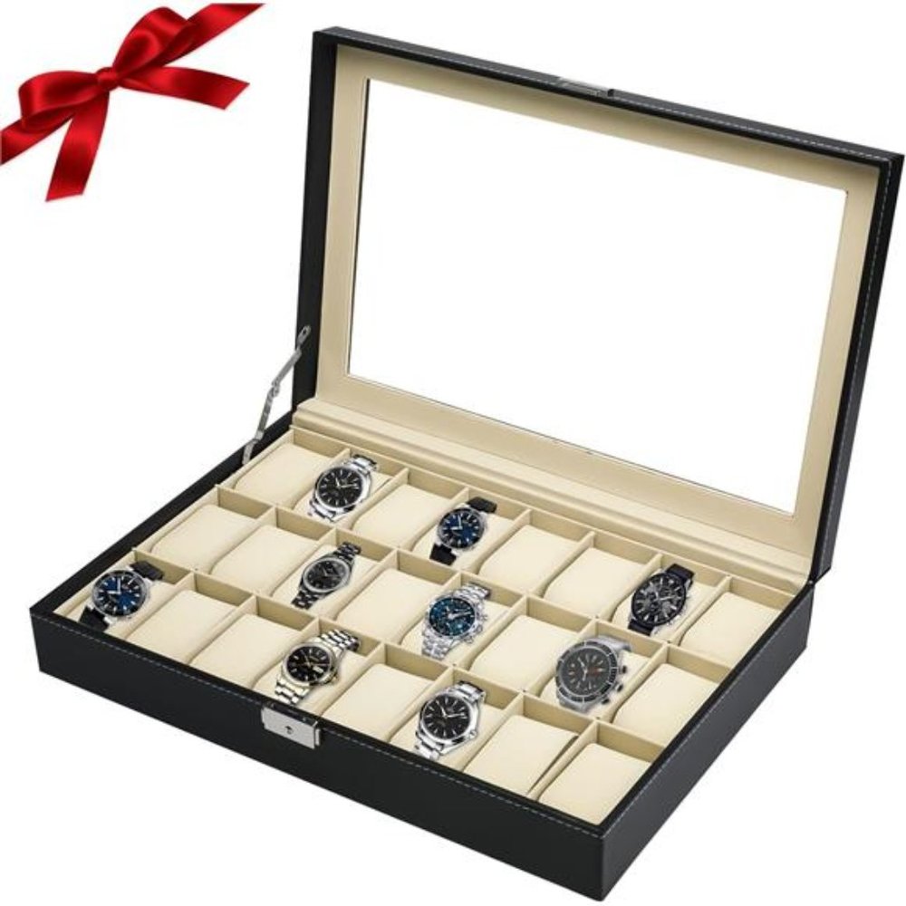 24 Slots Watch Display Case Glass Top, PU Leather Jewelry Case, Removable Pillow